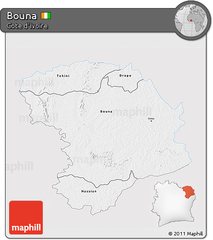 Silver Style 3D Map of Bouna, single color outside
