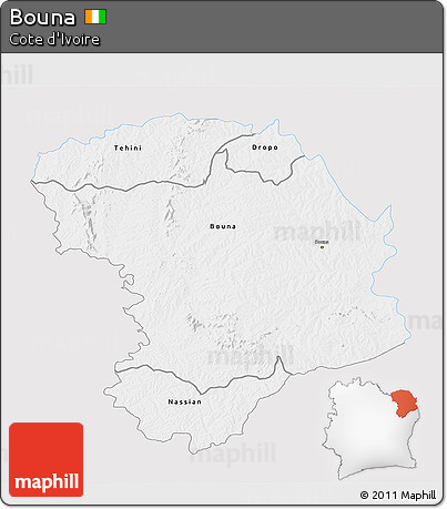 Silver Style 3D Map of Bouna, single color outside