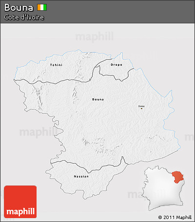 Silver Style 3D Map of Bouna, single color outside