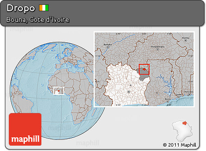 Gray Location Map of Dropo, highlighted country, highlighted parent region, hill shading