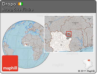 Gray Location Map of Dropo, highlighted country, highlighted parent region, hill shading