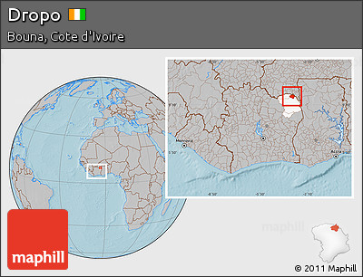 Gray Location Map of Dropo, highlighted parent region, within the entire country, hill shading