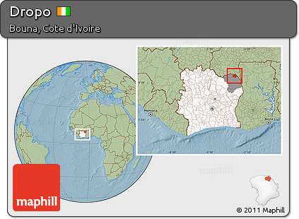 Savanna Style Location Map of Dropo, highlighted country, highlighted parent region, within the entire country, hill shading