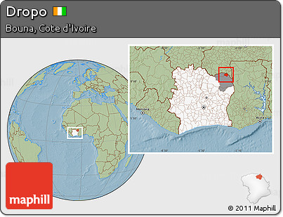 Savanna Style Location Map of Dropo, highlighted country, highlighted parent region, within the entire country, hill shading