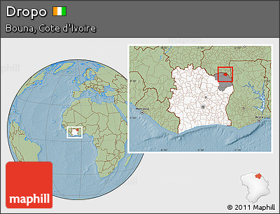 Savanna Style Location Map of Dropo, highlighted country, highlighted parent region, within the entire country, hill shading