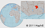 Gray Location Map of Bouna, within the entire country, hill shading