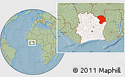 Savanna Style Location Map of Bouna, highlighted country, within the entire country, hill shading