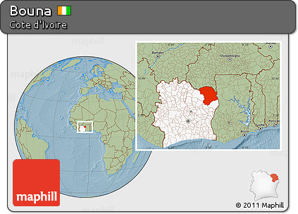 Savanna Style Location Map of Bouna, highlighted country, hill shading