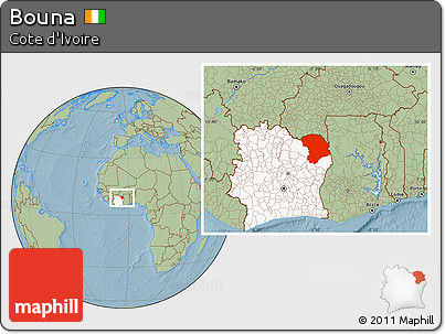 Savanna Style Location Map of Bouna, highlighted country, hill shading