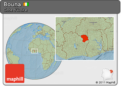 Savanna Style Location Map of Bouna, hill shading