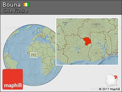 Savanna Style Location Map of Bouna, hill shading