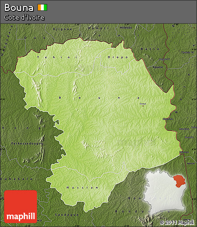 Physical Map of Bouna, darken