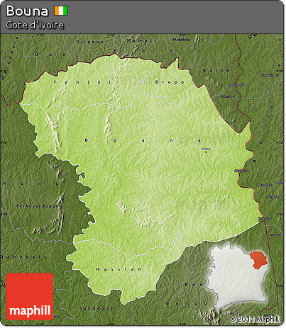 Physical Map of Bouna, darken