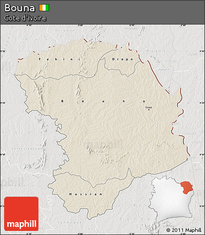 Shaded Relief Map of Bouna, lighten, semi-desaturated