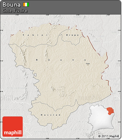 Shaded Relief Map of Bouna, lighten, semi-desaturated