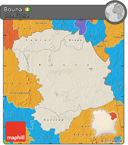 Shaded Relief Map of Bouna, political outside