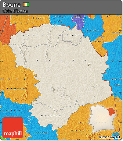 Shaded Relief Map of Bouna, political outside