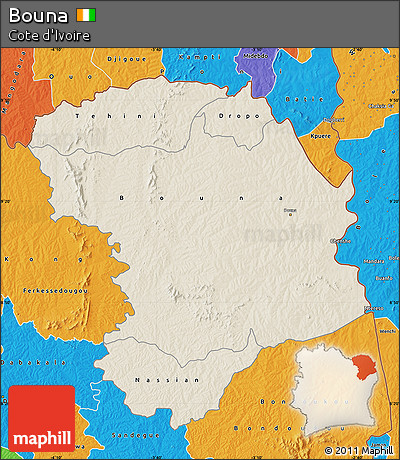 Shaded Relief Map of Bouna, political outside