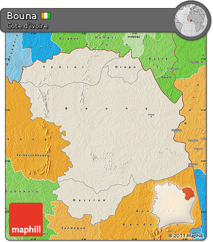 Shaded Relief Map of Bouna, political shades outside