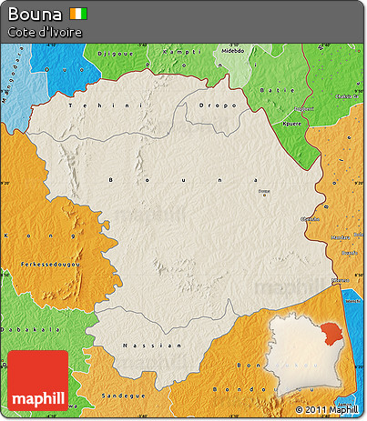 Shaded Relief Map of Bouna, political shades outside