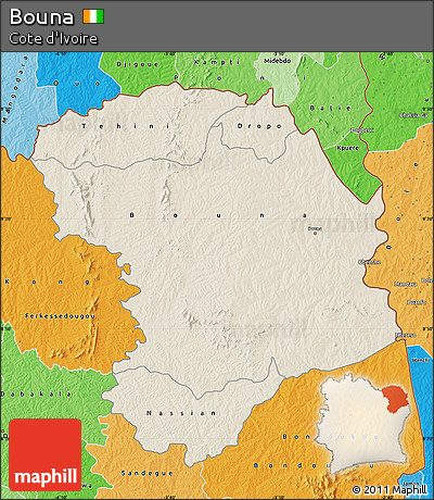 Shaded Relief Map of Bouna, political shades outside