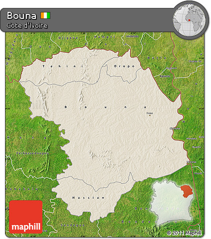 Shaded Relief Map of Bouna, satellite outside