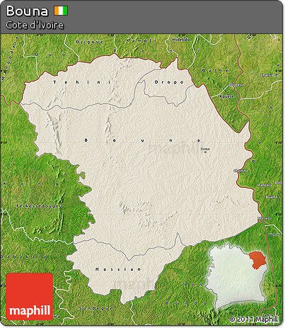 Shaded Relief Map of Bouna, satellite outside