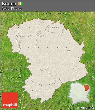 Shaded Relief Map of Bouna, satellite outside