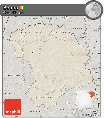 Shaded Relief Map of Bouna, semi-desaturated