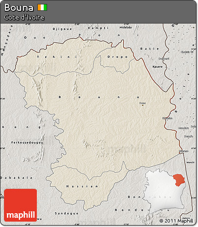 Shaded Relief Map of Bouna, semi-desaturated