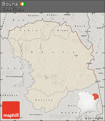 Shaded Relief Map of Bouna, semi-desaturated
