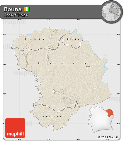 Shaded Relief Map of Bouna, single color outside
