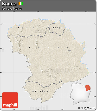 Shaded Relief Map of Bouna, single color outside