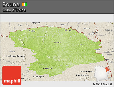 Physical Panoramic Map of Bouna, shaded relief outside