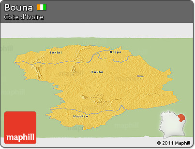 Savanna Style Panoramic Map of Bouna, single color outside