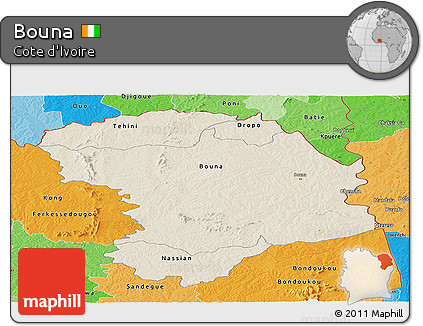 Shaded Relief Panoramic Map of Bouna, political shades outside