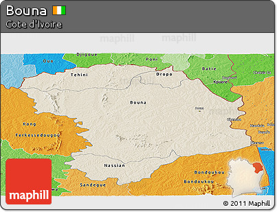 Shaded Relief Panoramic Map of Bouna, political shades outside