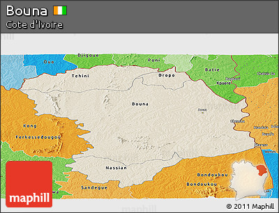 Shaded Relief Panoramic Map of Bouna, political shades outside