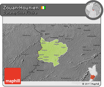 Physical 3D Map of Zouan-Hounien, darken, desaturated