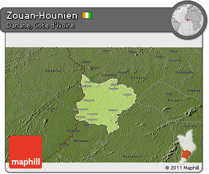Physical 3D Map of Zouan-Hounien, darken