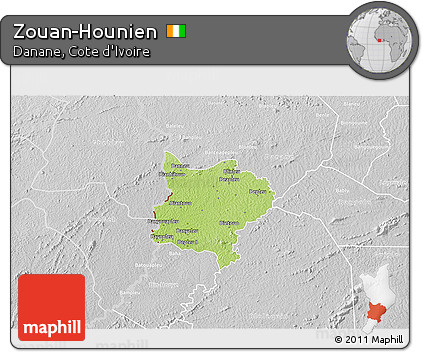 Physical 3D Map of Zouan-Hounien, lighten, desaturated