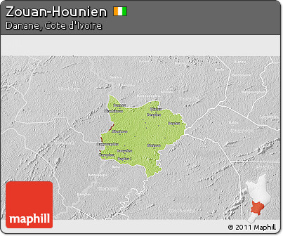 Physical 3D Map of Zouan-Hounien, lighten, desaturated