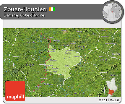 Physical 3D Map of Zouan-Hounien, satellite outside