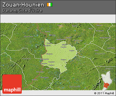Physical 3D Map of Zouan-Hounien, satellite outside