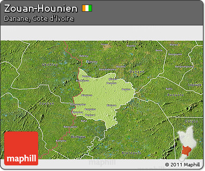 Physical 3D Map of Zouan-Hounien, satellite outside