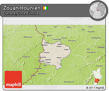 Shaded Relief 3D Map of Zouan-Hounien, physical outside