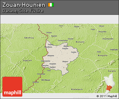 Shaded Relief 3D Map of Zouan-Hounien, physical outside