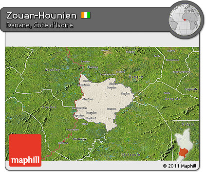 Shaded Relief 3D Map of Zouan-Hounien, satellite outside