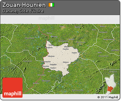 Shaded Relief 3D Map of Zouan-Hounien, satellite outside