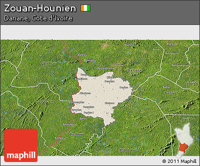 Shaded Relief 3D Map of Zouan-Hounien, satellite outside